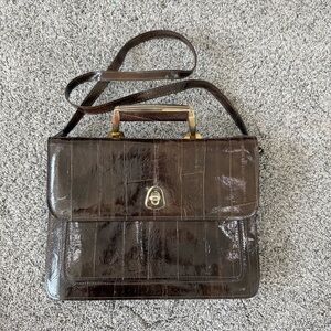 Vintage Brown Eel Skin Leather top Handle Shoulder Crossbody Long Strap Handbag